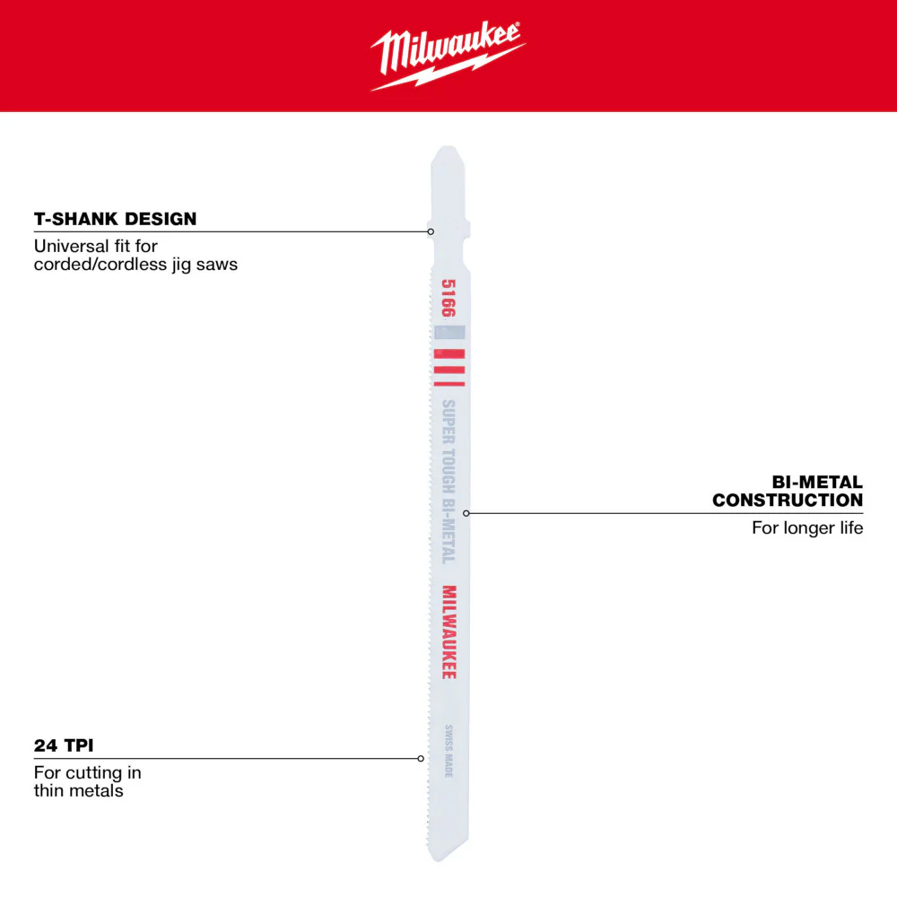 Milwaukee 5-1/4" 24 TPI Bi-Metal T-Shank Jig Saw Blade (5-Pack) 48-42-5166 - Image 5