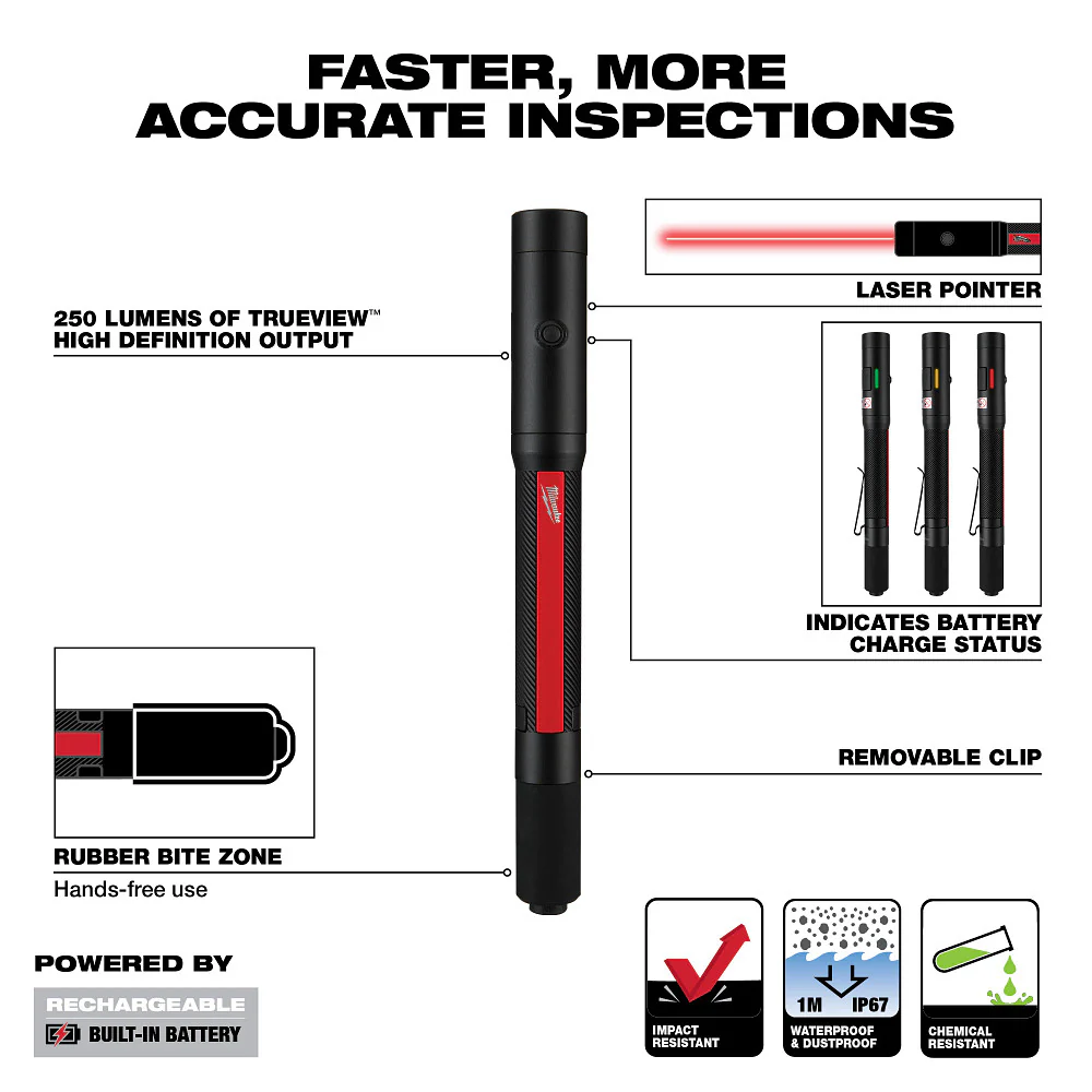 Milwaukee Rechargeable 250L Penlight with Laser 2010R - Image 4