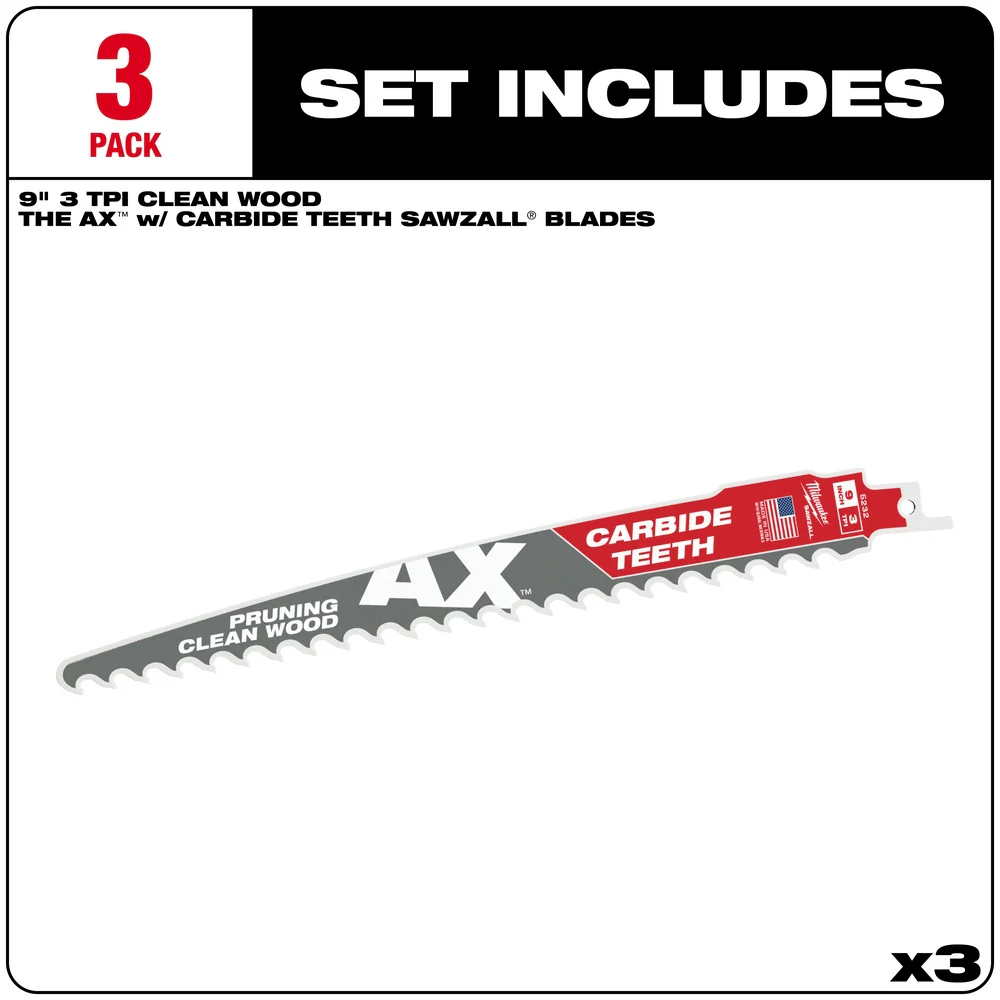 Milwaukee 12" 3 TPI The AX™ with Carbide Teeth SAWZALL® Blade for Pruning & Clean Wood 48-00-5331 - Image 17