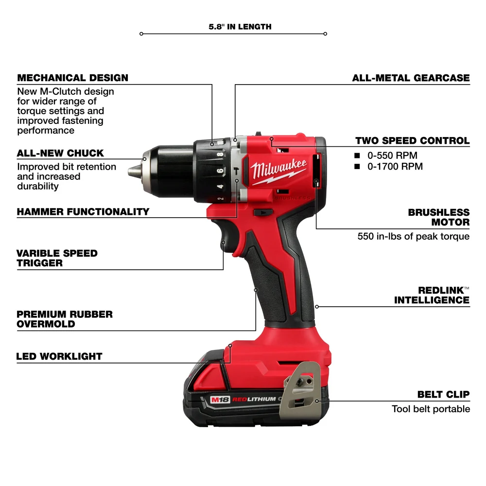 Milwaukee M18 Compact Brushless 1/2" Hammer Drill/Driver Kit 3602-22CT - Image 5