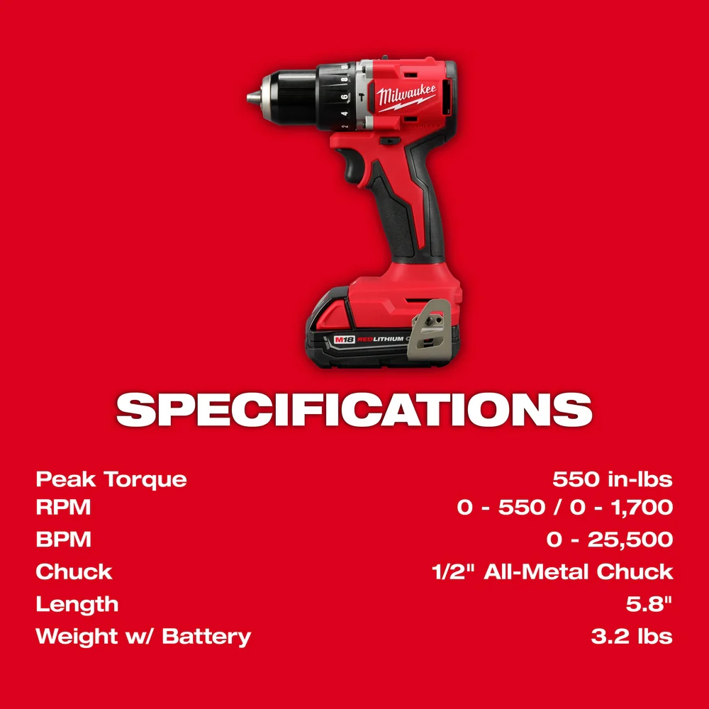 Milwaukee M18 Compact Brushless 1/2" Hammer Drill/Driver Kit 3602-22CT - Image 6