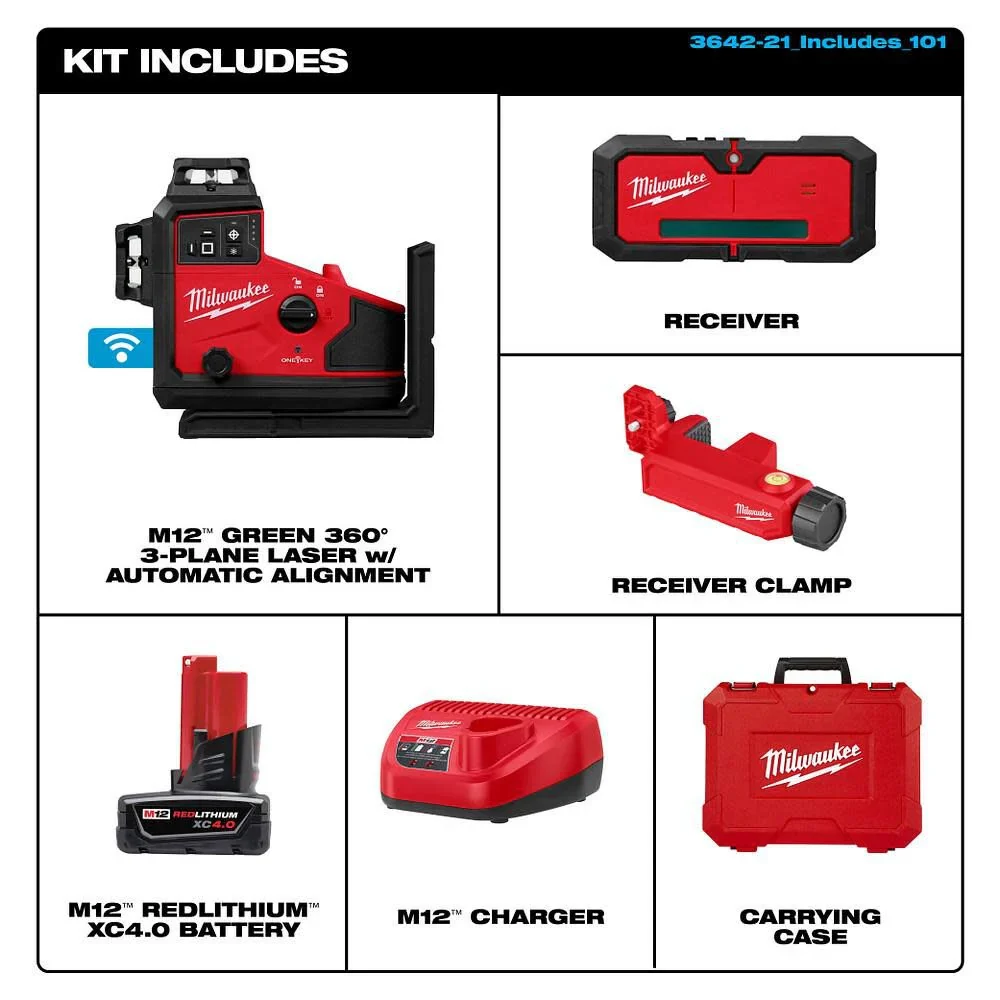 Milwaukee M12 Green 360˚ 3-Plane Laser w/ Automatic Alignment & Receiver Kit M12 3642-21 - Image 17