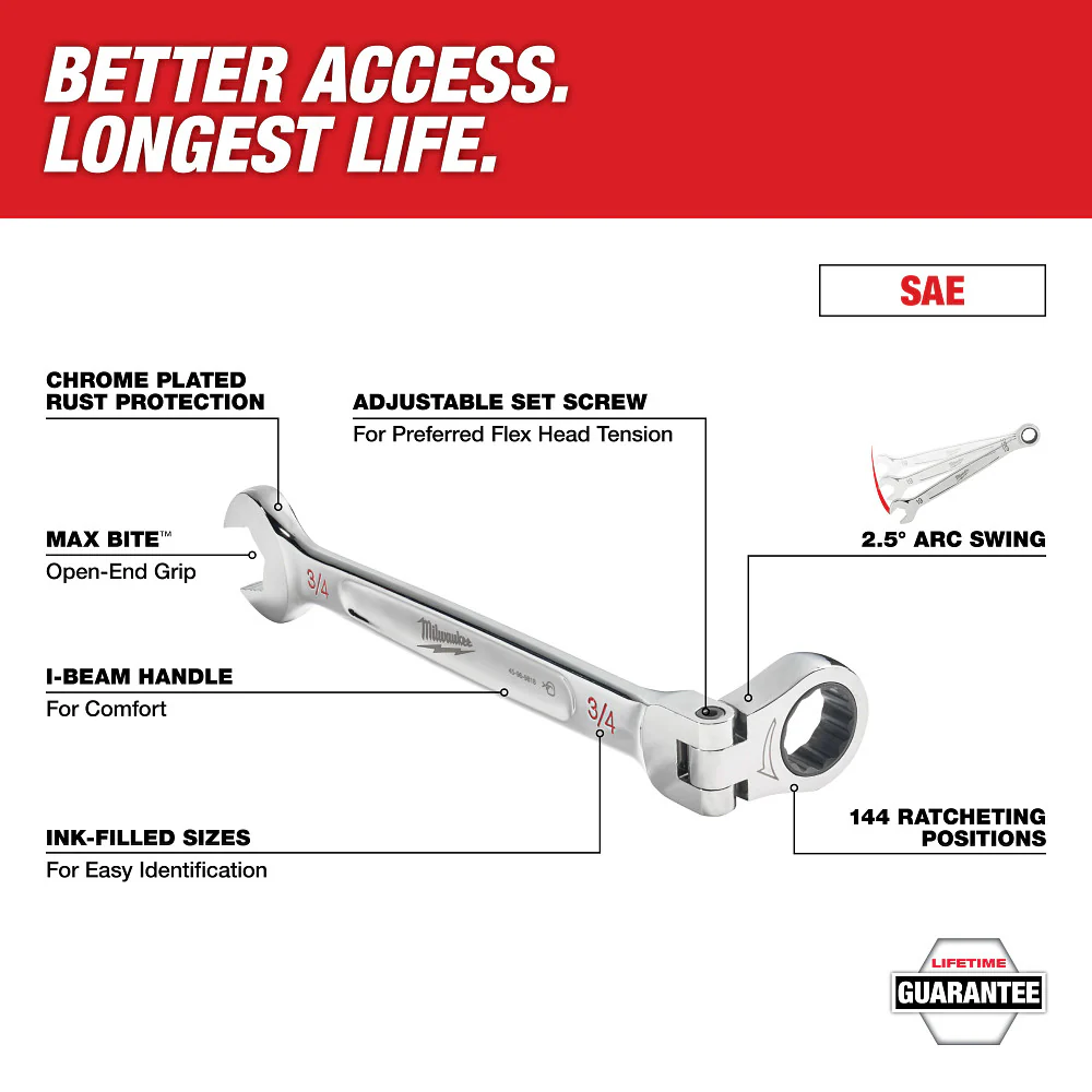 Milwaukee 1/4" SAE Flex Head Ratcheting Combination Wrench 45-96-9808 - Image 3