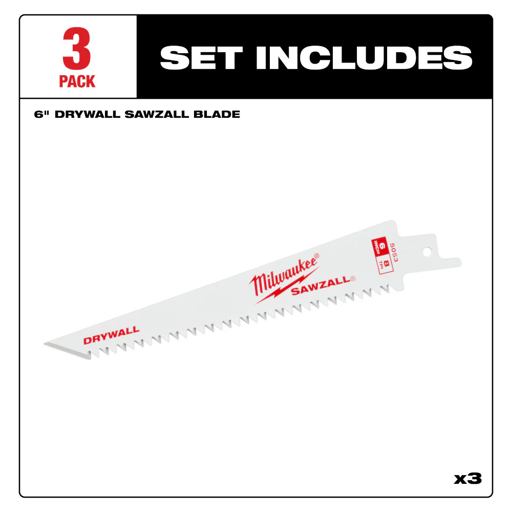 Milwaukee 6" 8TPI Drywall SAWZALL Blades 3PK 48-00-5053 - Image 3