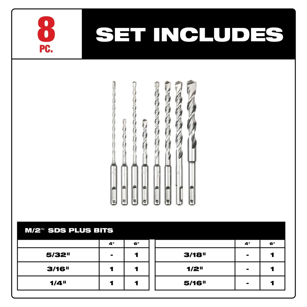 Milwaukee M/2 2-Cutter SDS Plus Rotary Hammer Drill Bit 8PC Kit 48-20-7673 - Image 3