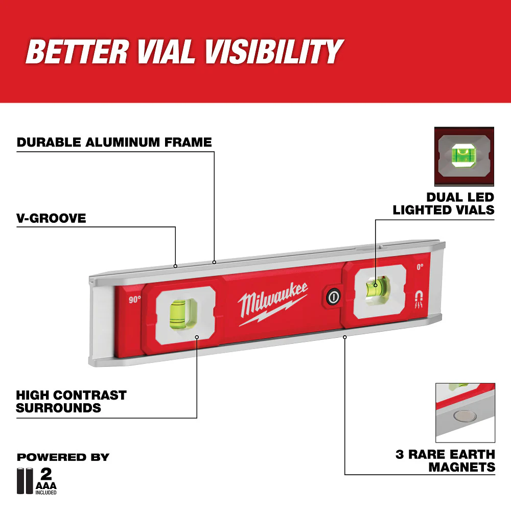 Milwaukee 9" Torpedo Level with Lighted Vials 48-22-5105 - Image 3