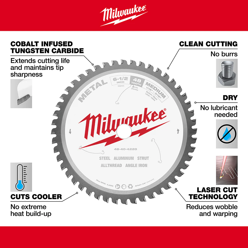 Milwaukee 6-1/2" 48-Tooth Carbide-Tipped Metal Cutting Circular Saw Blade 48-40-4220 - Image 5