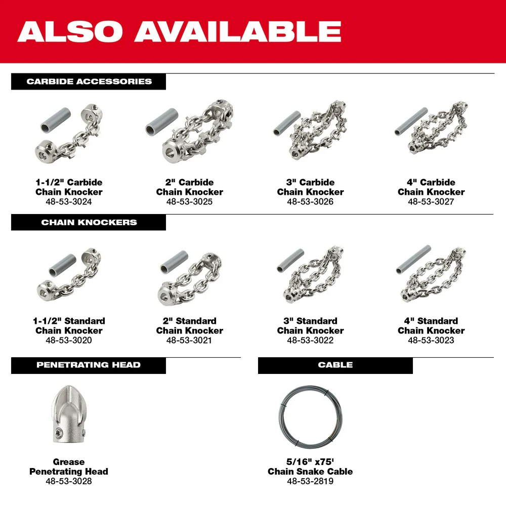 Milwaukee 5/16" x 75' High Speed Chain Snake Cable 48-53-2819 - Image 8