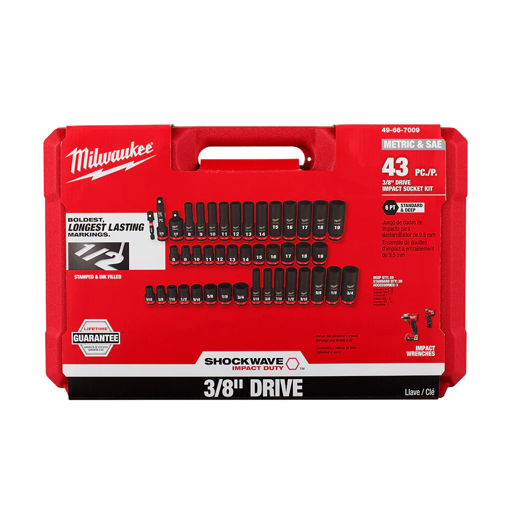 Milwaukee 43-Piece SHOCKWAVE Impact Duty™ 3/8" Drive SAE & Metric Deep 6 Point Socket Set 49-66-7009 - Image 9