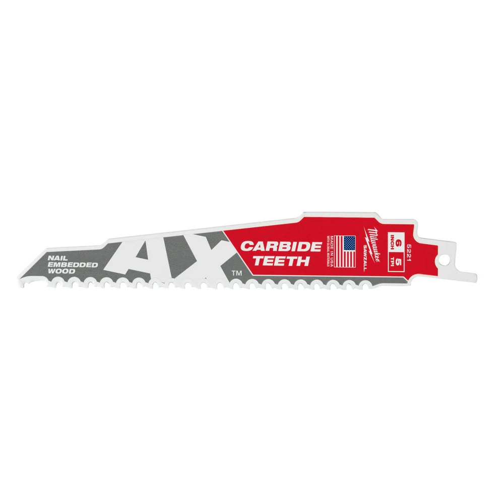 Milwaukee 6" 5 TPI The AX™ with Carbide Teeth SAWZALL® Reciprocating Saw Blade 48-00-5321 - Image 43