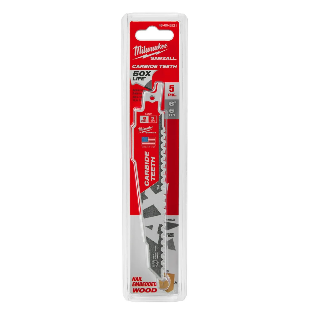 Milwaukee 6" 5 TPI The AX™ with Carbide Teeth SAWZALL® Reciprocating Saw Blade 48-00-5321 - Image 53