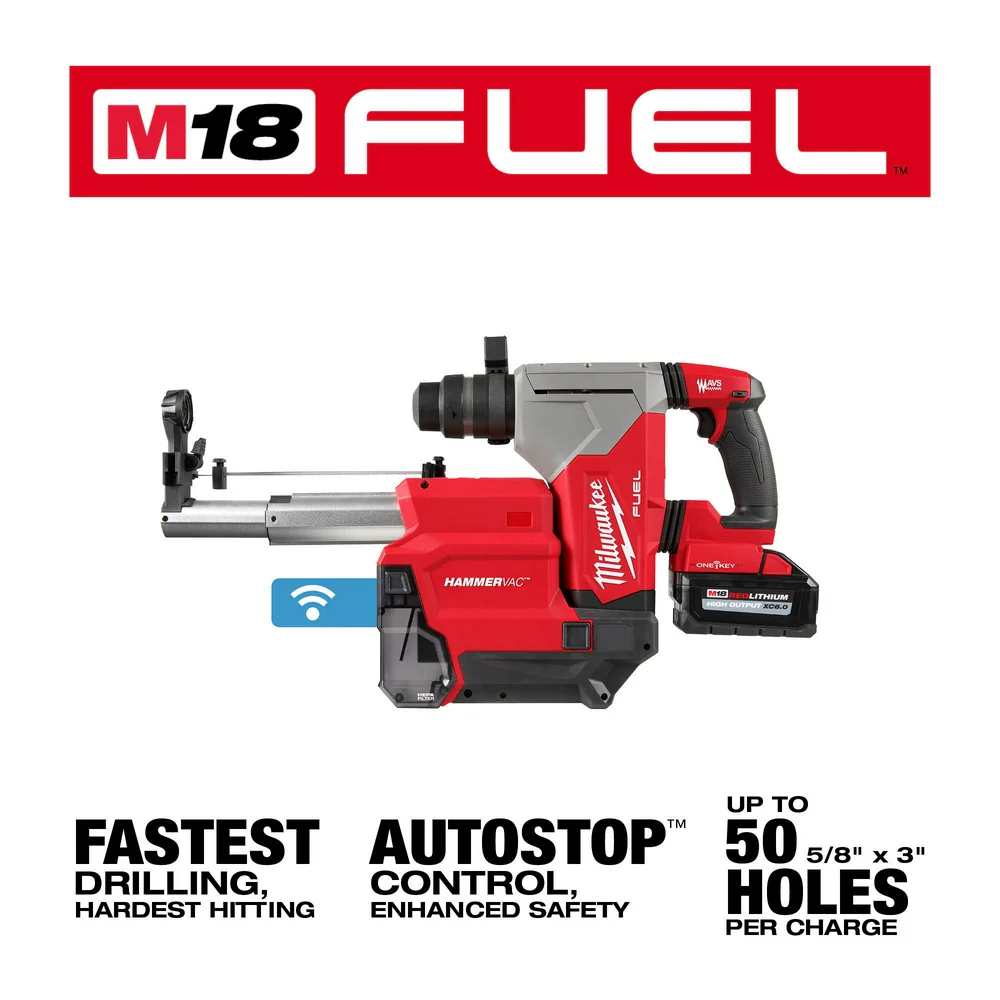 Milwaukee M18 FUEL 1-1/8" SDS Plus Rotary Hammer w/ ONE-KEY & HAMMERVAC Kit 2915-22DE + FREE M18 REDLITHIUM HIGH OUTPUT XC6.0 Battery Pack 48-11-1865 - Image 4