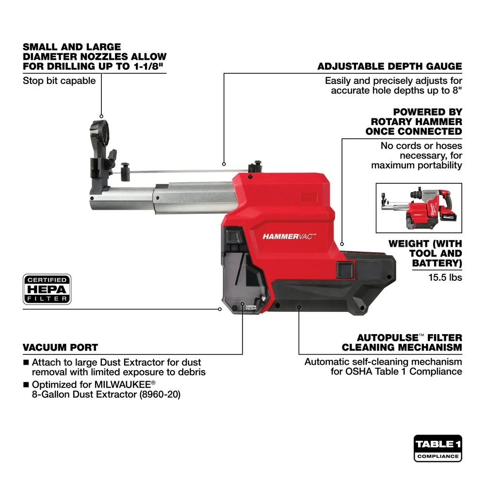 Milwaukee M18 FUEL 1-1/8" SDS Plus Rotary Hammer w/ ONE-KEY & HAMMERVAC Kit 2915-22DE + FREE M18 REDLITHIUM HIGH OUTPUT XC6.0 Battery Pack 48-11-1865 - Image 9