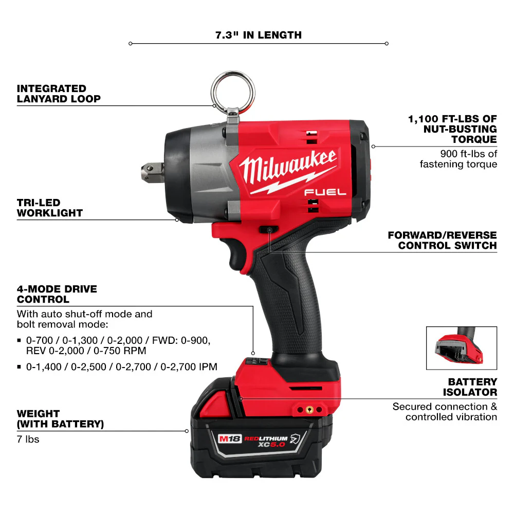 Milwaukee M18 FUEL 1/2" High Torque Impact Wrench w/ Pin Detent Kit 2966-22 + FREE SHOCKWAVE Impact Duty 1/2" Drive SAE Deep 6-Point Socket Set 15pc with PACKOUT Organizer 49-66-6802 - Image 5