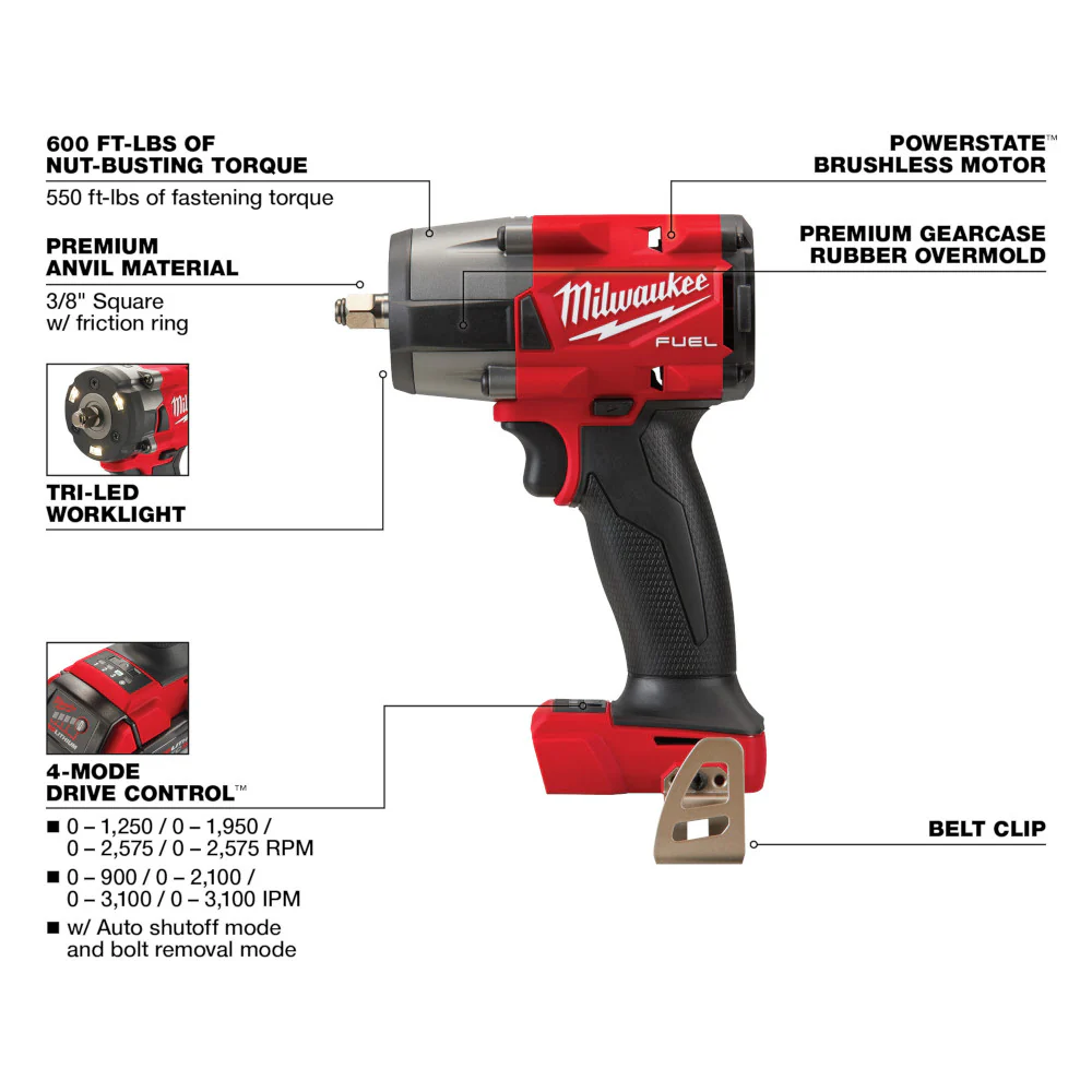 Milwaukee M18 FUEL 3/8" Mid-Torque Impact Wrench with Friction Ring M18 2960-20+ FREE M18 XC5.0 Battery Pack 48-11-1850 - Image 4