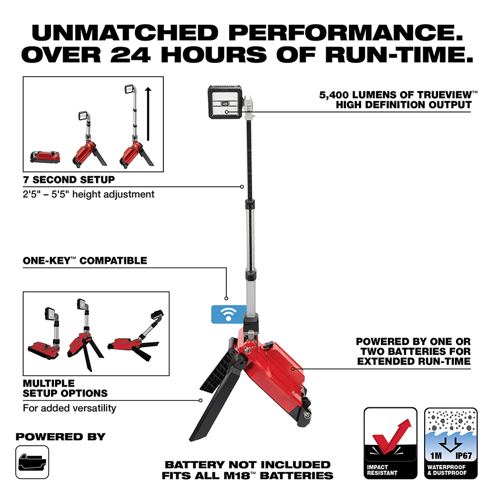 Milwaukee M18 ROCKET Dual Pack Tower Light w/ ONE-KEY 2120-20 + FREE M18 ROVER Compact Folding Flood Light w/ USB Charging 2359-20 and 48-11-1850 - Image 3