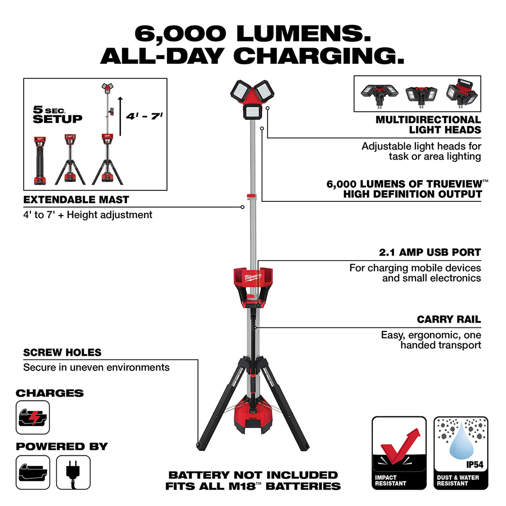 Milwaukee M18 ROCKET Tower Light/Charger 2136-20 + FREE M18 ROVER Compact Folding Flood Light w/ USB Charging 2359-20 and 48-11-1850 - Image 4