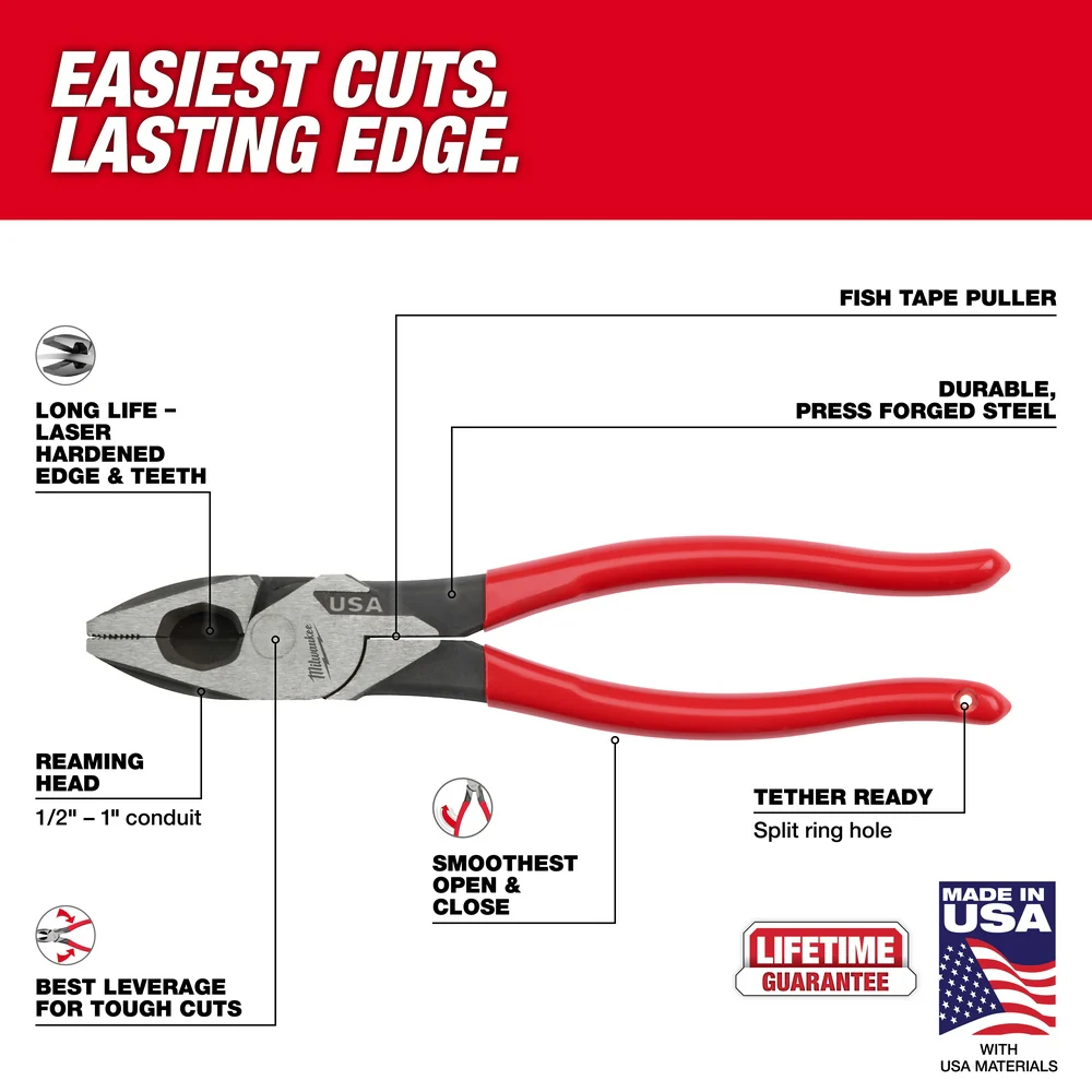 Milwaukee 9" Lineman's Pliers with Reamer and Fish Tape Puller USA MT500 - Image 4